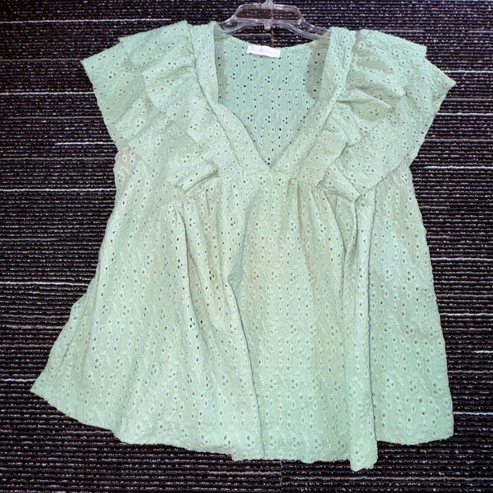 Ces Femme Eyelet Lace Blouse Womens L Sage Green Ruffle Boho V-Neck Top